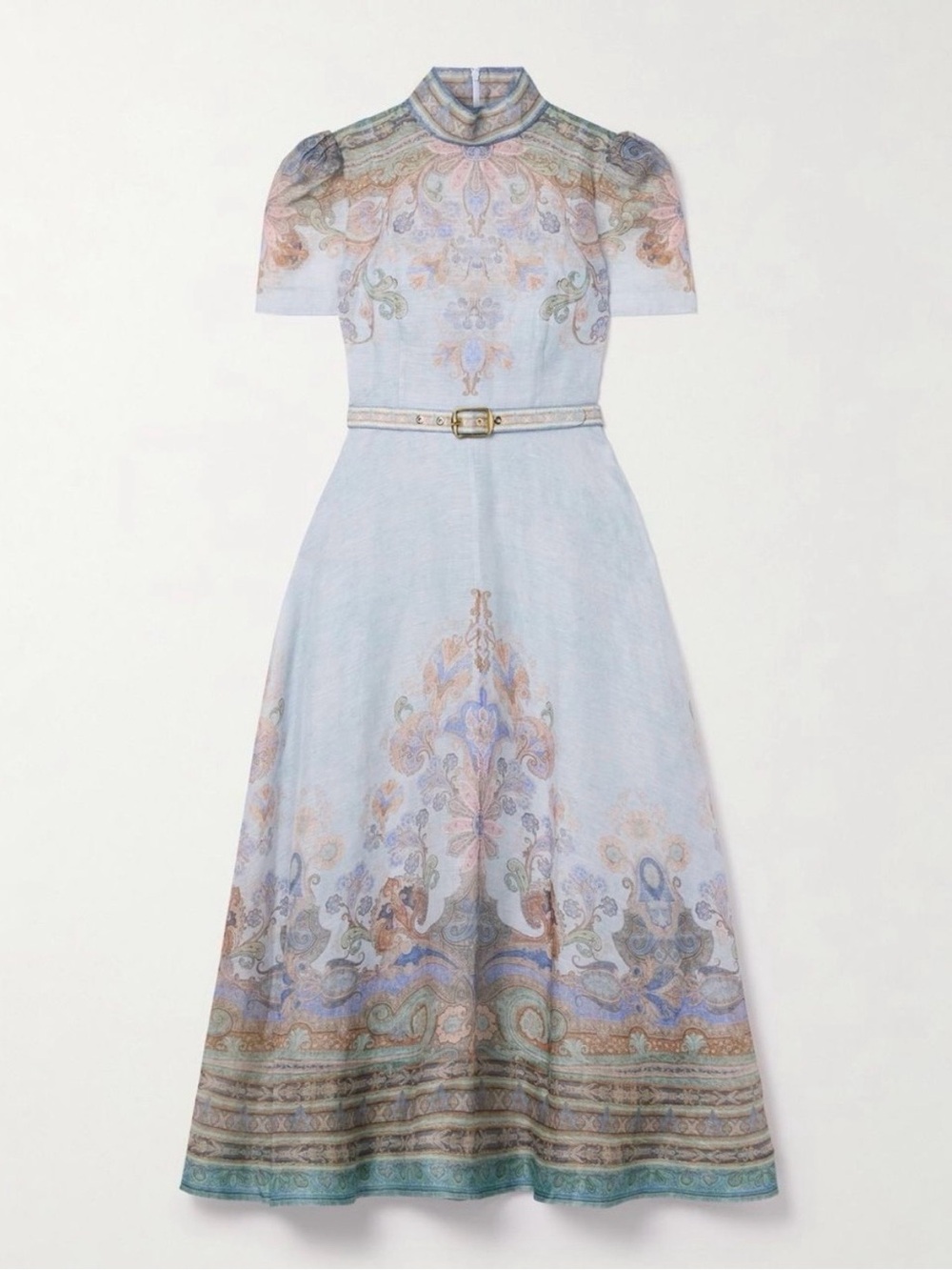 Zimmermann Eden belted Pastel Blue Paisley Midi Dress with Slim Belt